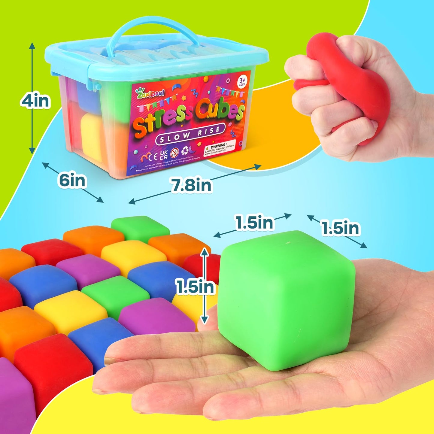 24 Pack Mini Slow Rise Stress Cube: Pull Stretch Fidget Toys for Stress Relief, Dough Squishy Toys Bulk for Kids, Classroom Prize Box Toys, Fidgets for Classroom, Hand Therapy Sensory Squishy Ball