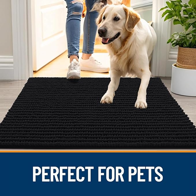 OLANLY Dog Door Mat for Muddy Paws 70x24, Ultra Absorbent Chenille Mud Doormat, Non-Slip Washable and Dirt Trapping Doormat for Indoor Entryway, Quick-Dry Indoor Pet Bed Mats for Dogs, Black