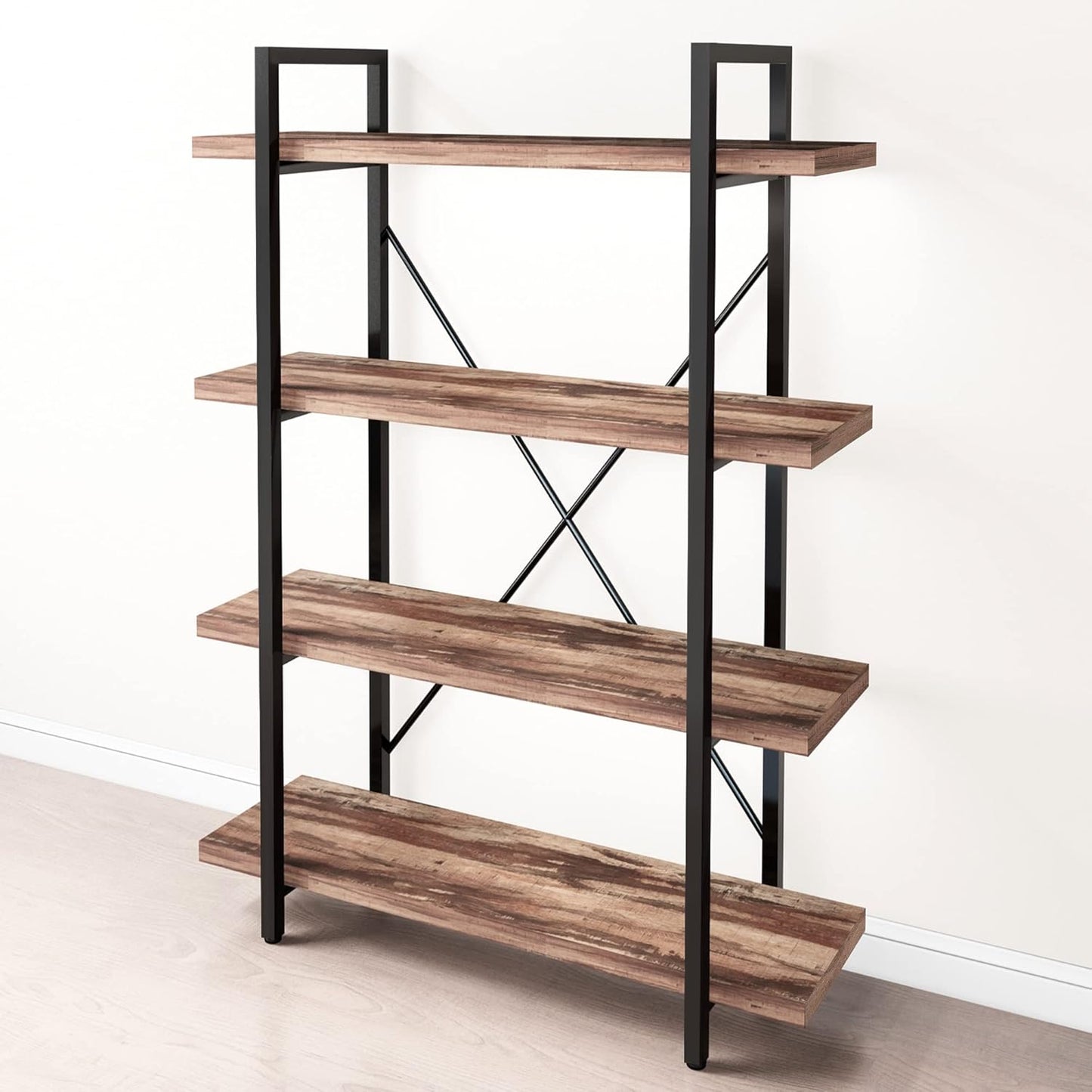 45MinST 4-Tier Vintage Industrial Style Bookcase/Metal and Wood Bookshelf Furniture for Collection,Vintage Brown, 3/4/5 Tier (4-Tier)