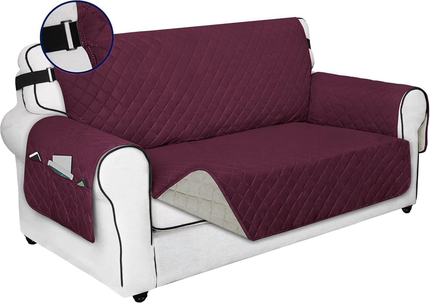 PureFit Reversible Sofa Cover Water Resistant Loveseat Couch Cover, Machine Washable Furniture Cover with Non-Slip Foam and Adjustable Strap for Dogs, Pets (Loveseat, Wine/Beige)