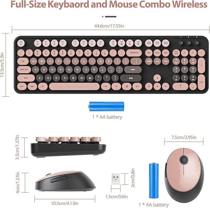 Owpkeenthy Retro Keyboard and Mouse Wireless, Cute Colorful Keyboard with Retro Typewriter Style Full-Sized with Number Pad Round Keys for Desktop, Laptop and Computerr (Gradient Heimei)