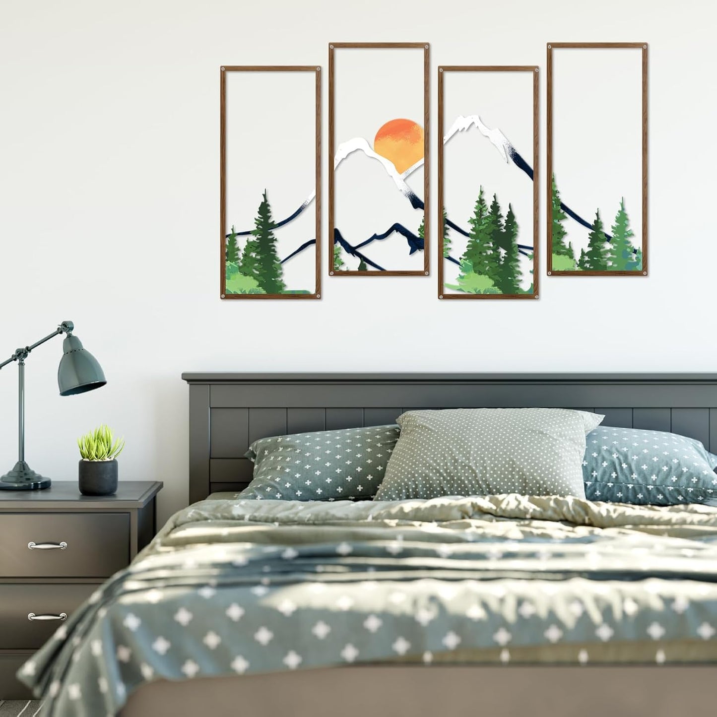ruelen 4 Pcs Metal Sunset Mountain Forest Wall Art Mountain Line Decor Abstract Minimalist Wall Sculpture Rustic Nature Wall Decor for Home Office Bathroom Bedroom Living Room (Green)