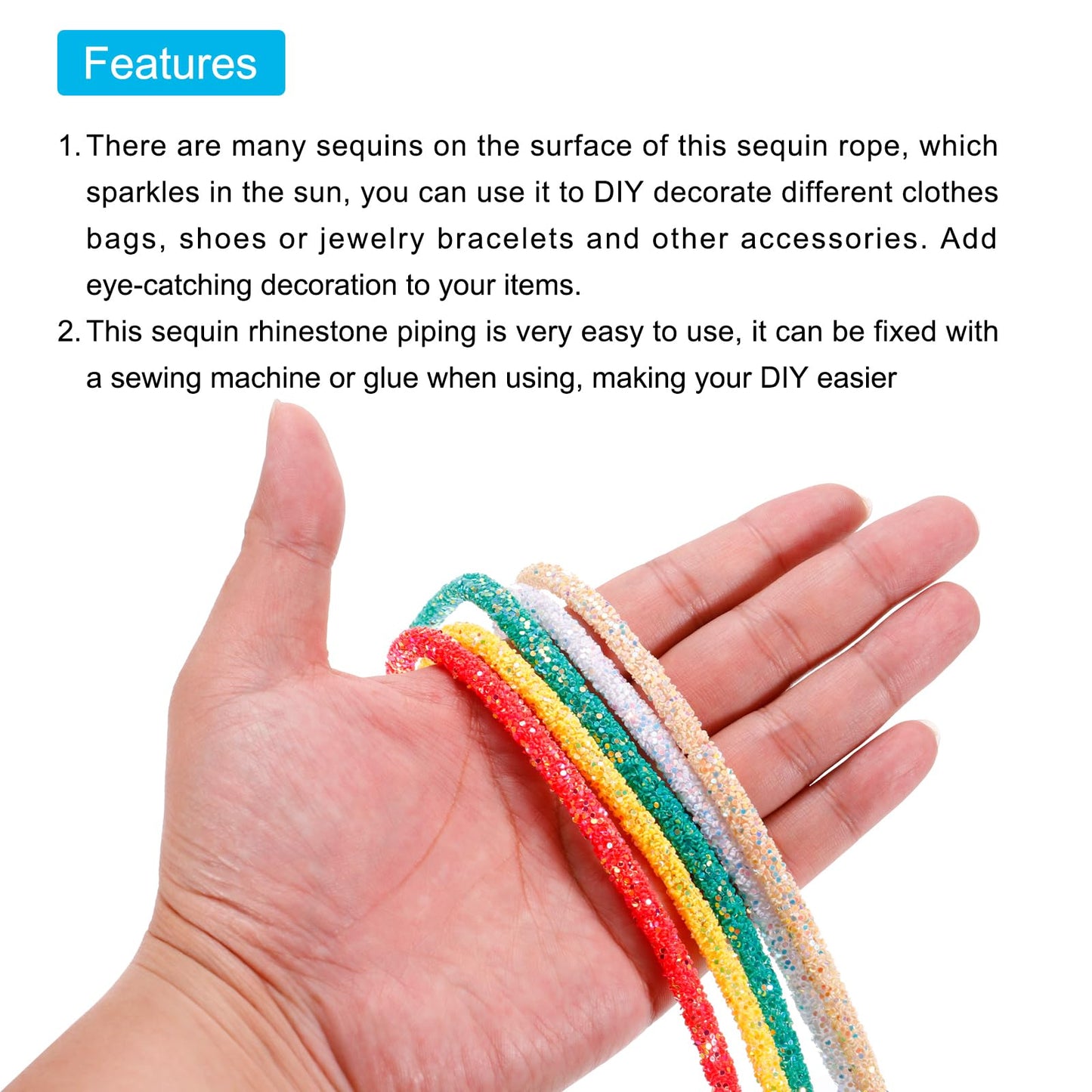 MECCANIXITY 5 Yard 7mm 0.28 inch Glitter Sequins Rope Sequins Rhinestone Tube Cord for DIY Wedding Dresses Costume Clothing Shoes Jewelry Accessory Champagne