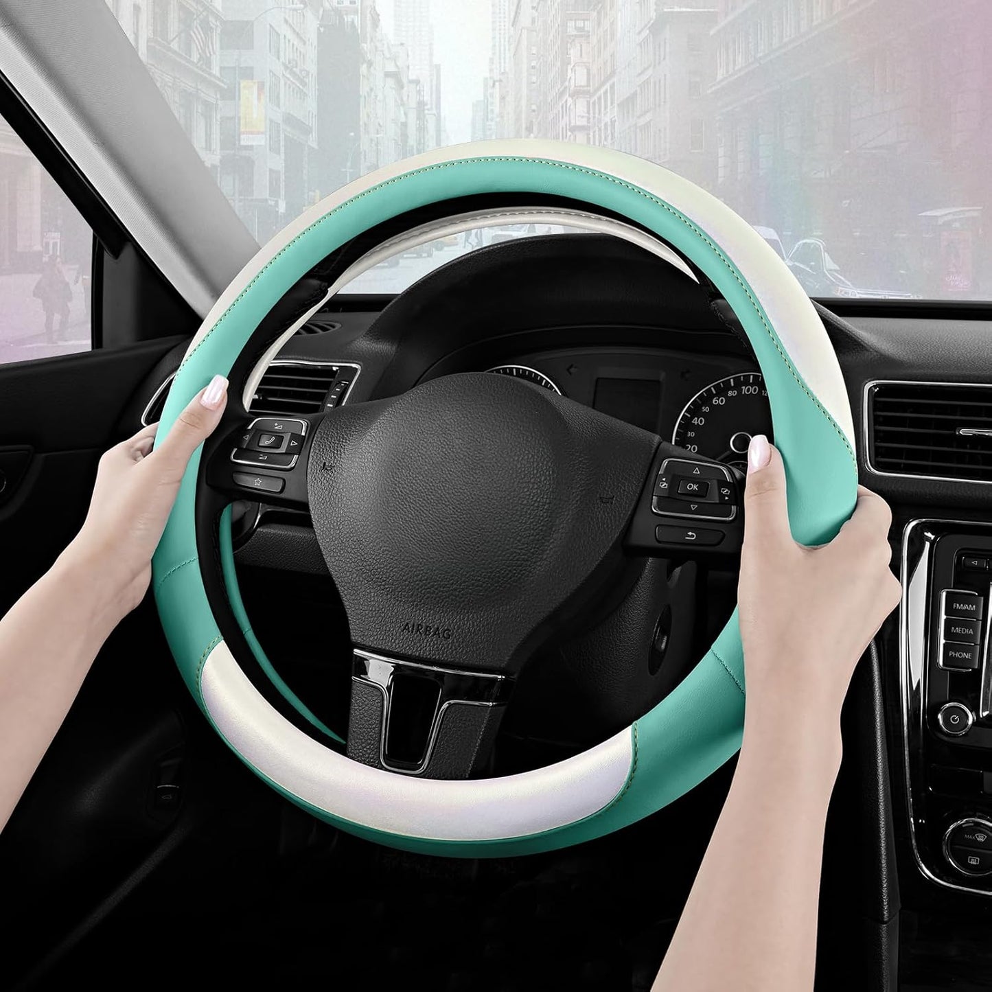 Road Comforts Steering Wheel Cover – Breathable Leather Steering Wheel Cover, Anti-Slip Grip, Universal Fit 14.5” to 15”, Heat & Cold Resistant for Cars, SUVs, and Trucks –Shining White & Mint