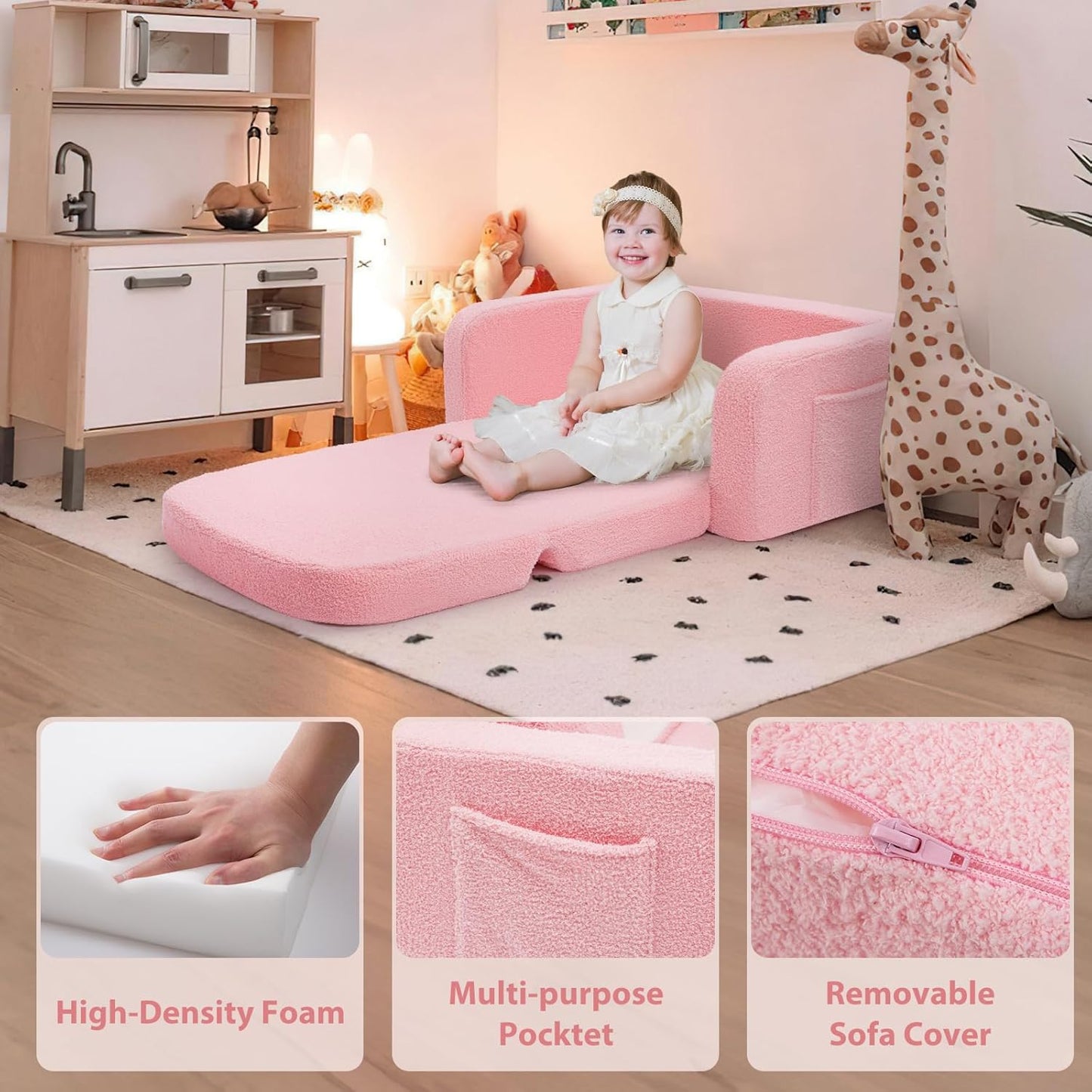 Extra Wide Kids Couch, 2-in-1 Soft Toddler Couch with Blanket, Comfy Toddler Chair, Convertible Sofa to Lounger with Cute Colorful Rainbow Design, Pink