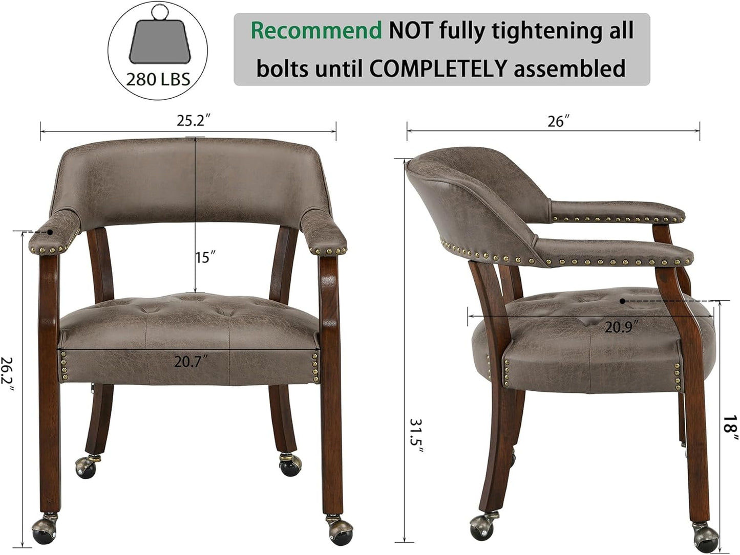 LEEMTORIG Large Dining Chairs with Casters and Arms, Rolling Dining Chairs with Wheels, Poker Chairs, Solid Wood Office Desk Chairs, 26"D x 25.2"W x 31.5"H, Cherry Legs & Dark Brown Fabric SY-1533-DK