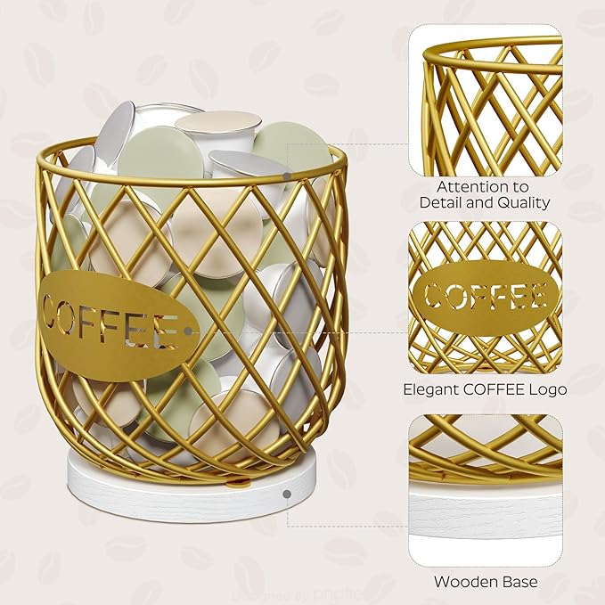 Coffee Pod Holder Organizer, Holder for K Cup, Large Capacity Coffee Pod Basket, Versatile Coffee Capsule Storage Organizer, for Kitchen Countertop, Gold and White KH09DW