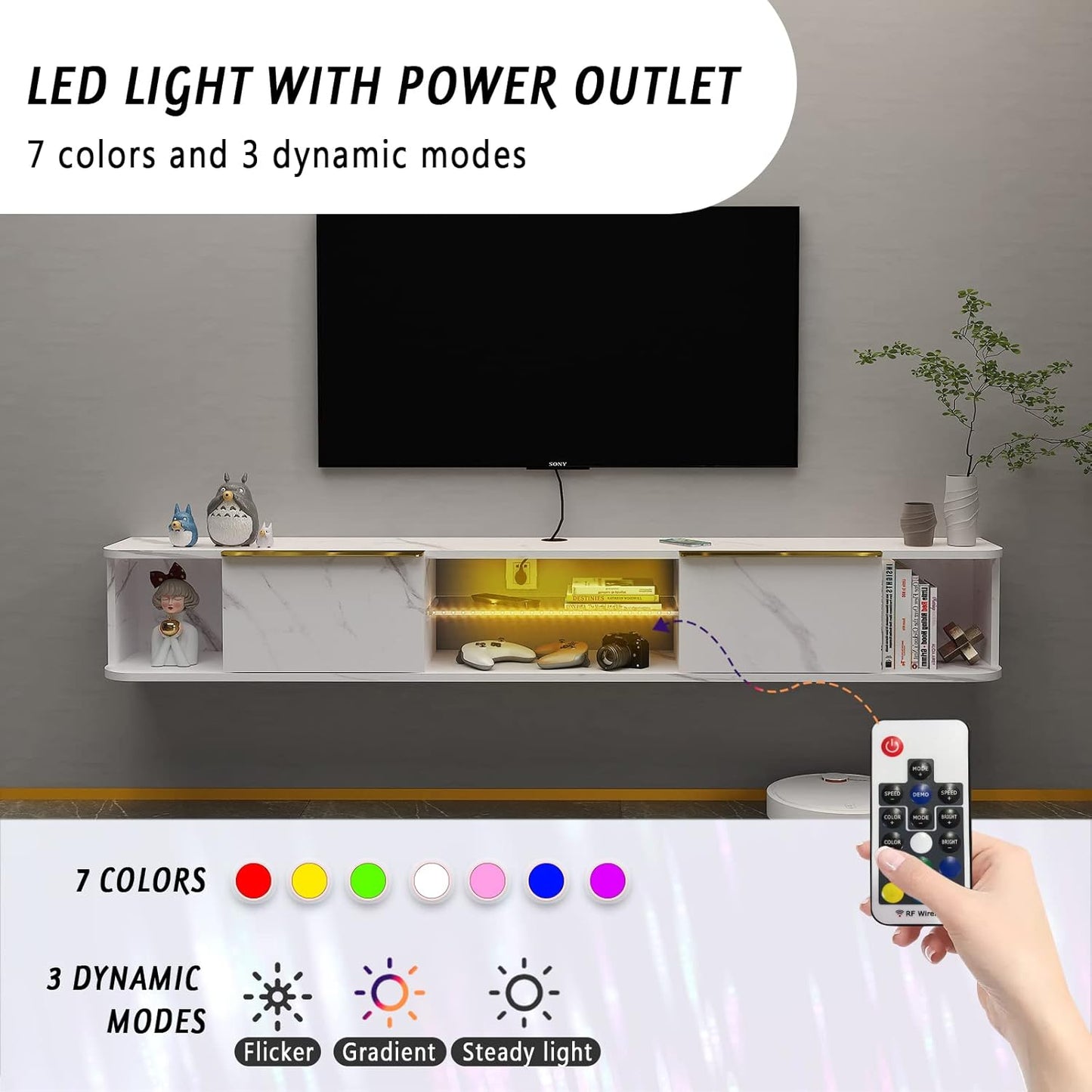 Pmnianhua LED Floating TV Stand with 2 Drawers,78'' Floating TV Shelf with LED Lights,Wall Mounted Media Console,Floating Entertainment Center with Storage for Bedroom Playroom Living Room(White)
