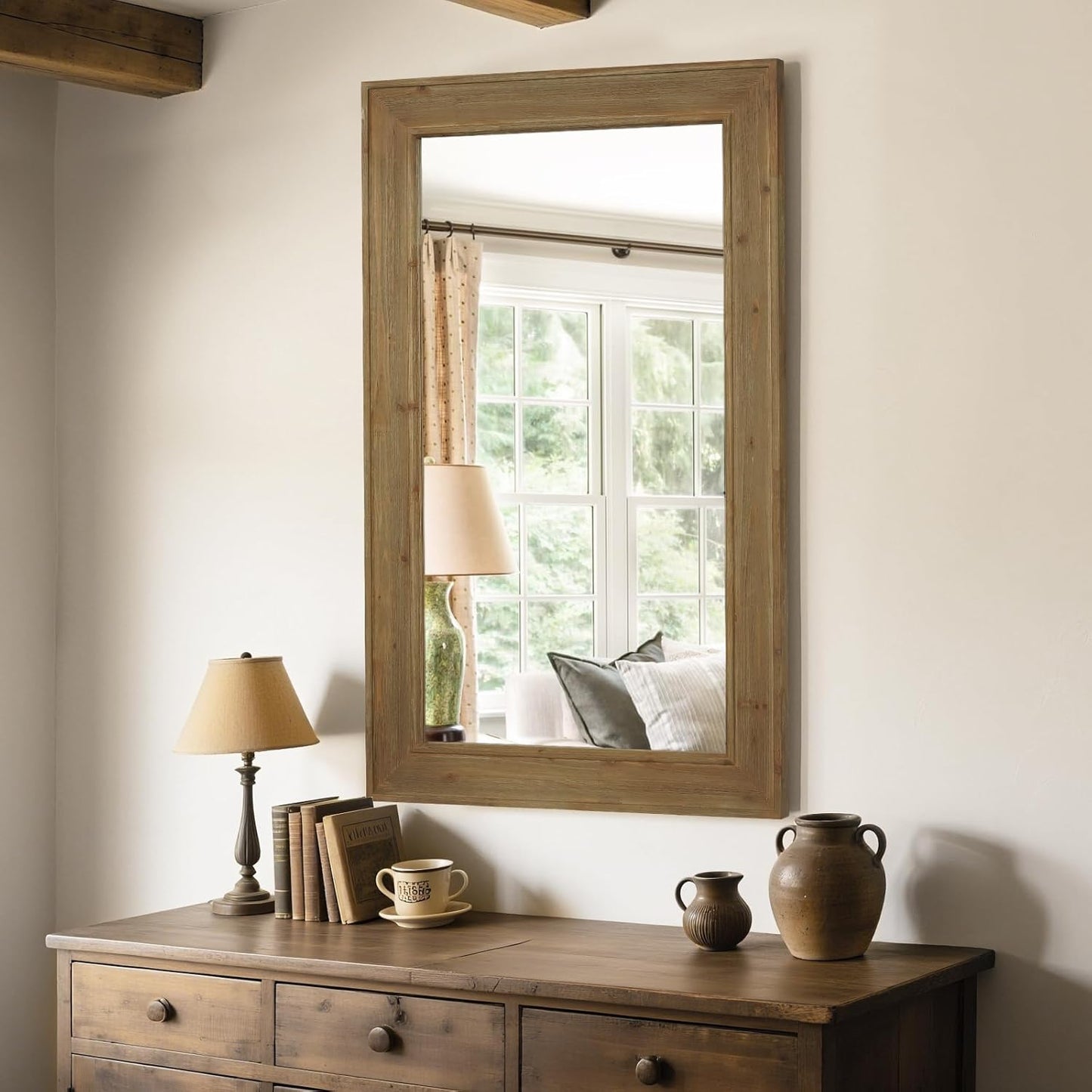 WallBeyond Rustic Wood Framed Mirror, 30" x 48" Farmhouse Decorative Wall Mirror, Vintage Solid Wood Rectangular for Bathroom, Entryway & Living Room, Natural