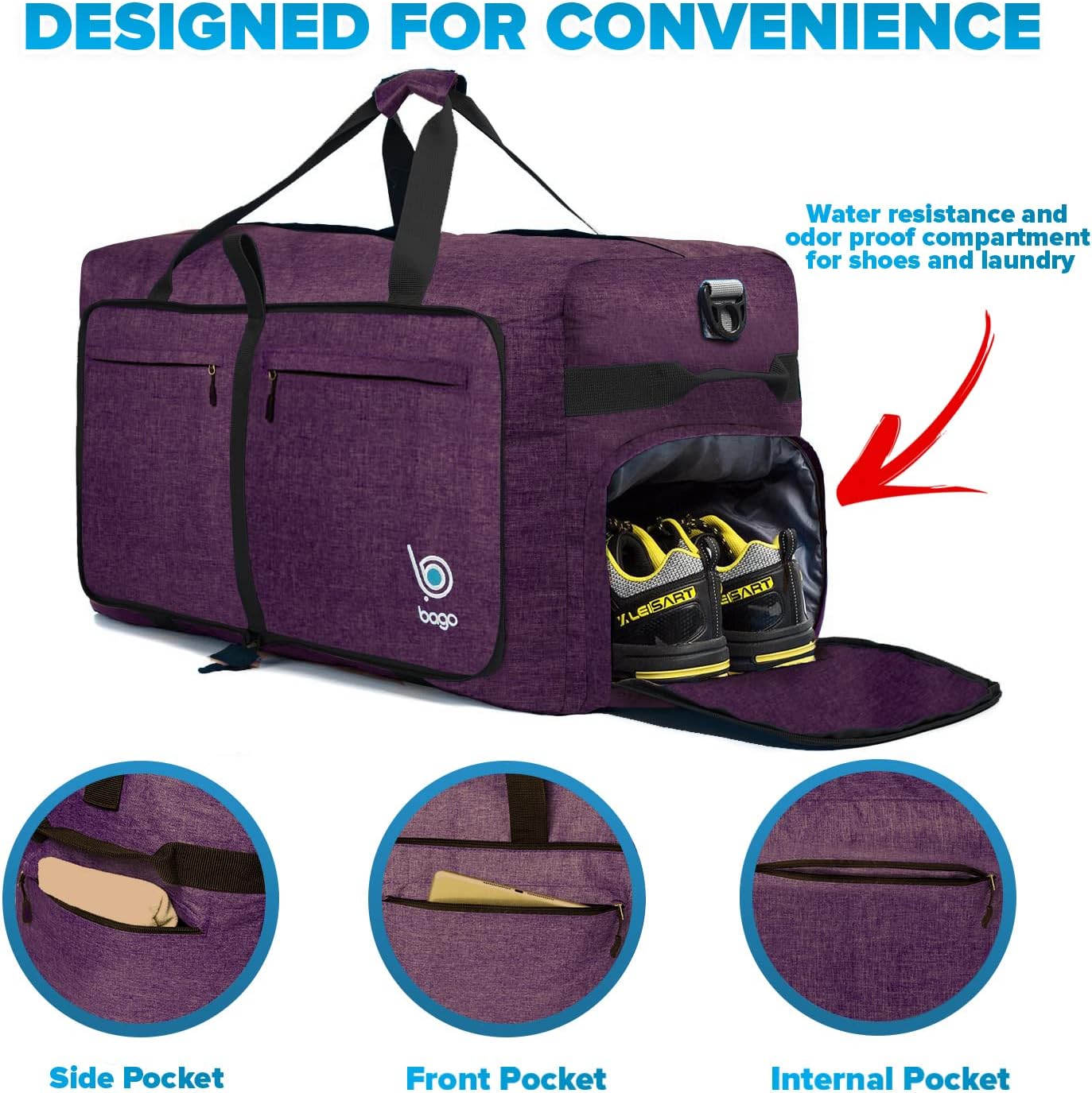 Bago Big XXL Foldable Duffel Bags for Traveling Women & Men - 140L Packable Duffle Bag for Travel with Shoe Compartment - Water Repellant, Heavy Duty, Lightweight Folding & Collapsible (SnowDepPurple)