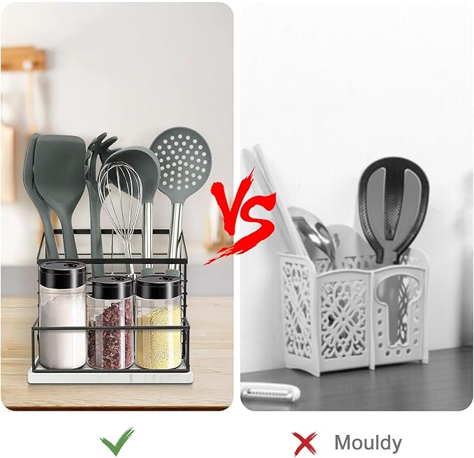 Utensil Holder for Kitchen Counter, Metal Utensil Holder Rack with Salt and Pepper Shakers for Kitchen Countertop, Cooking Tools Storage for Spatula, Large Utensil Organizer with Marble Base