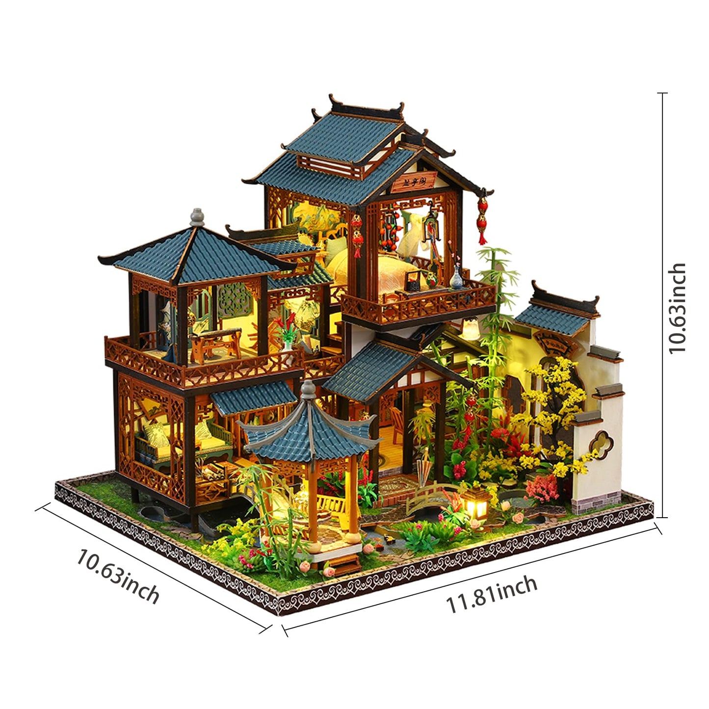 Plustopoy DIY Miniature House Kit: Villa Tiny House Kit with LED Light - DIY Wooden Dollhouse Miniature Kit for Adults Teen, Wooden Crafts Vintage Courtyard Doll House Kit, Great Handmade Crafts Gift