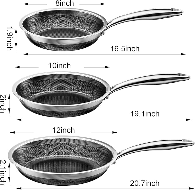 FogDream 3 Pcs Non Stick Frying Pans with 3 Lids, 8, 10 & 12 Inch Stainless Steel Skillets, Tri-Ply Stainless Steel for All Cooktops, Dishwasher & Oven-Safe Cooking Pan, Stay-Cool Handle, Silver