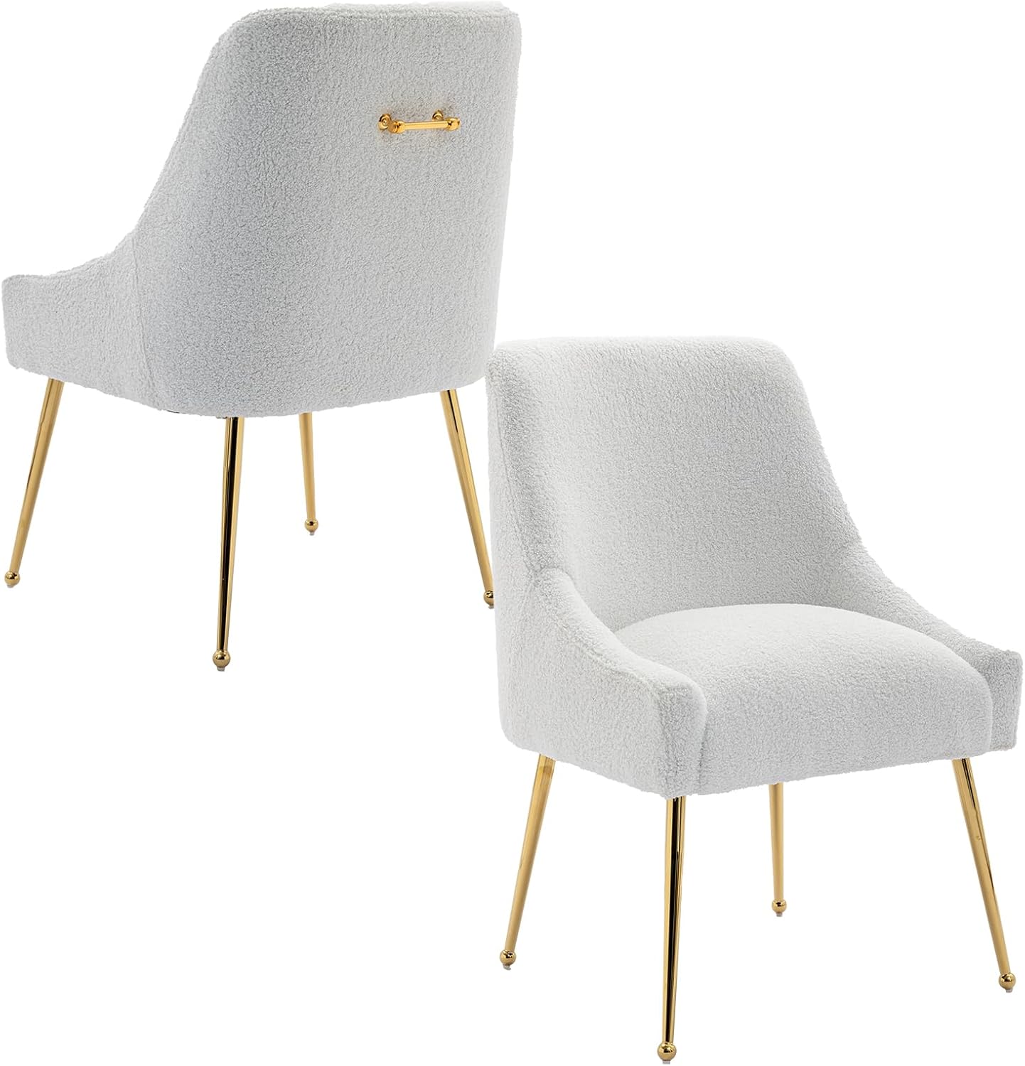 Modern Velvet Dining Chairs Set of 6, Contemporary Upholstered Furniture Collection with Polished Gold Metal Legs, Elegant Accent Chairs for Kitchen Living Room(Teddy Fleece,White)
