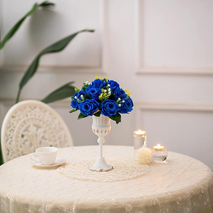 BLOSMON Blue Flowers Artificial for Decoration: 2 Pcs Fake Roses Flower Balls Centerpiece for Wedding Table - Silk Kissing Bouquet with Base Floral Arrangement for Home Party Event Decor