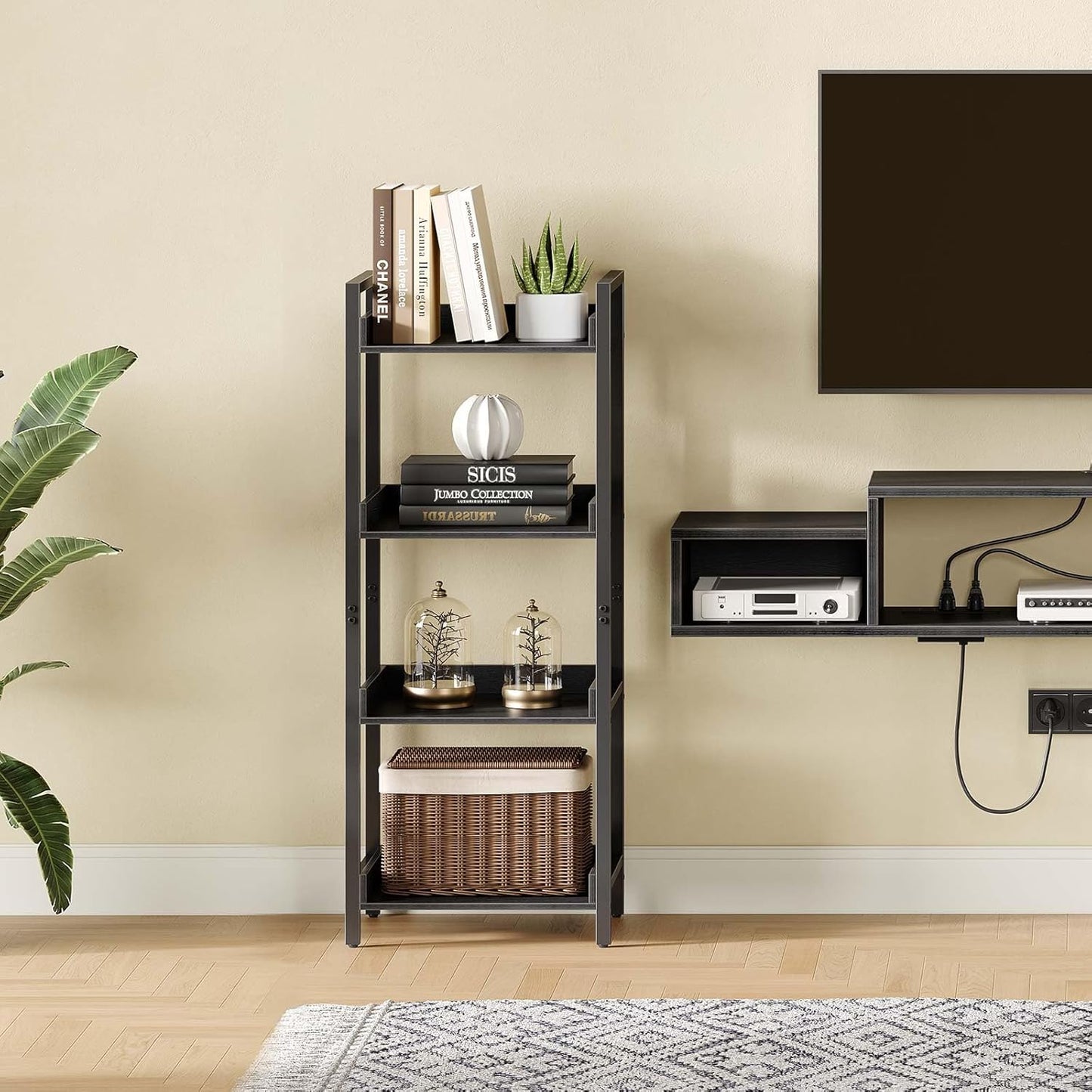 Rolanstar Bookshelf, 4-Tier Storage Rack, Narrow Corner Bookshelf, Display Wooden Shelves for Living Room, Bathroom, Balcony, Kitchen,Black