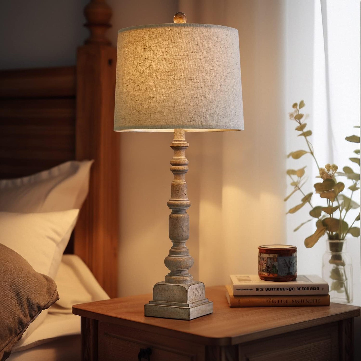 Oneach 27.75" Vintage Farmhouse USB Table Lamps Set of 2 for Living Room Bedroom Traditional Bedside Nightstand Lamp with Dual USB Port Resin Table Lamp with Rotary Switch for Living Room Bedroom