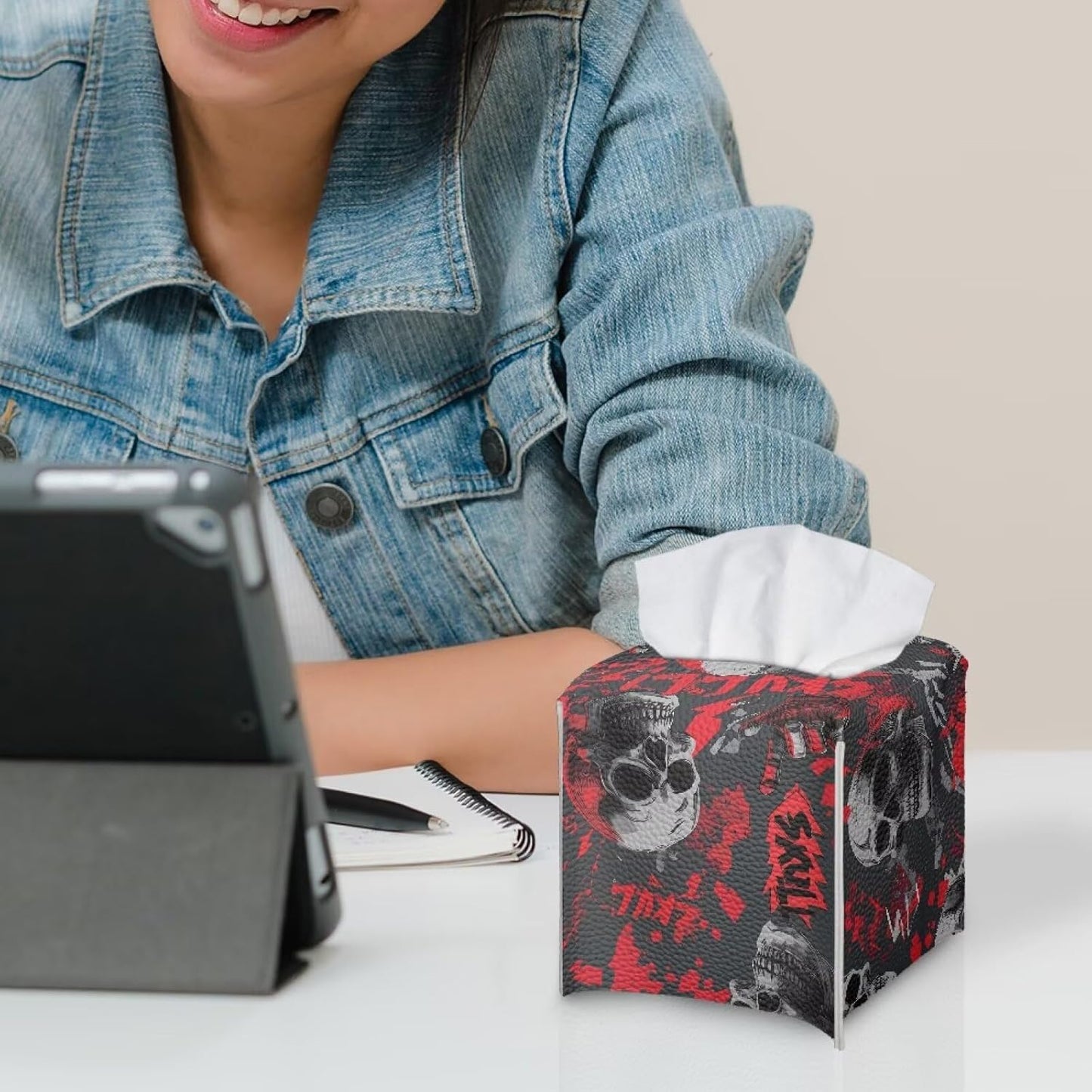 Skull Tissue Box Cover Halloween Tissue Box Holder 5x5x5 inch Decorative Holiday Napkin Dispenser Organizer Home Decor for Car Office Table Desk Kids Room