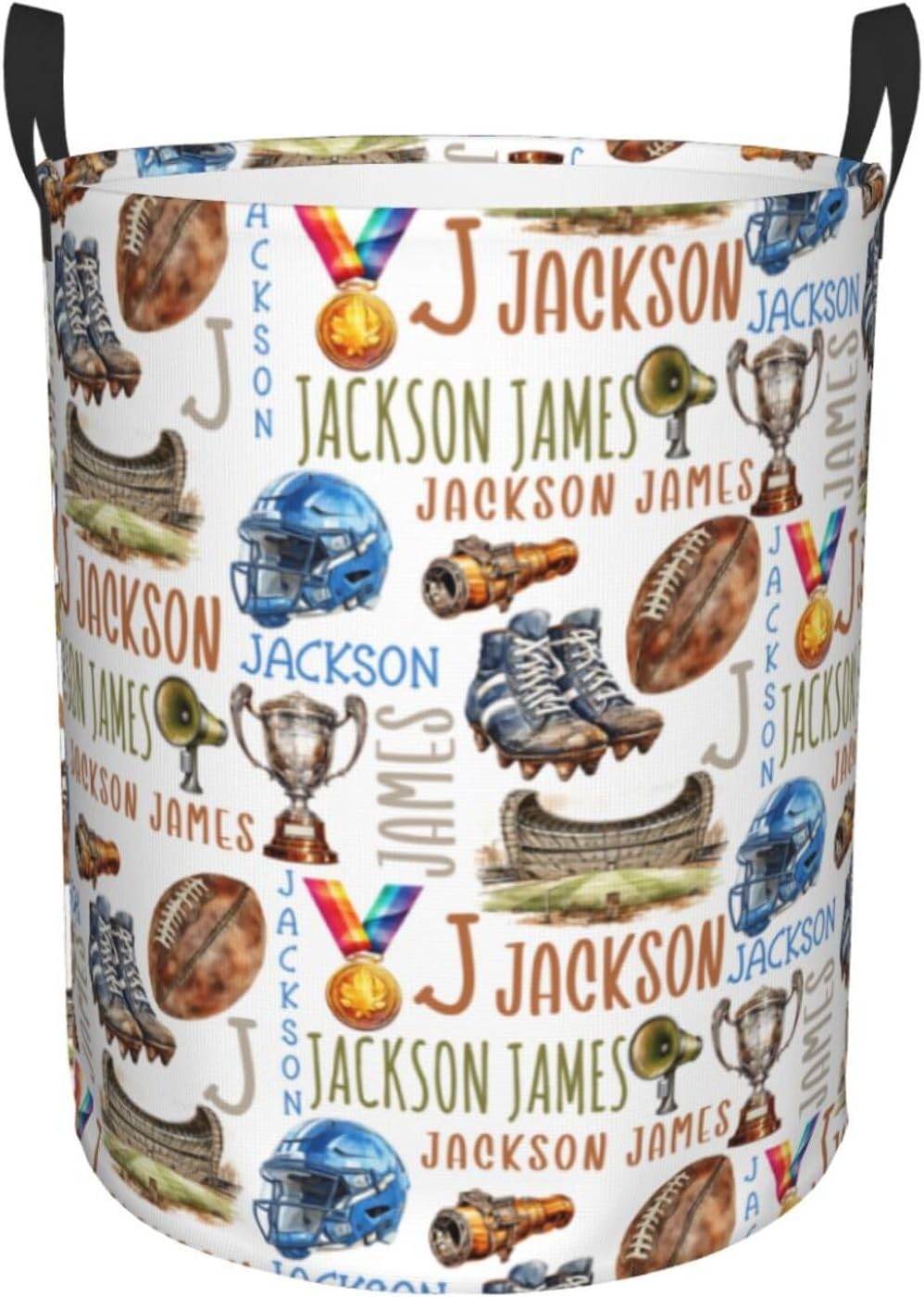 Personalized Football Laundry Basket, Custom Sports Laundry Hamper With Name Gifts For Kids Baby Adults, Collapsible Dirty Clothes Storage Organizer With Handles S 16.5 X 13.8in