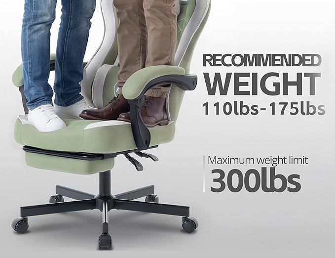 Gaming Chair for Adults with Footrest and Lumbar Support, Height Adjustable Game Chair with 360°-Swivel Seat and Headrest and for Office or Gaming (Green and White Fabric)