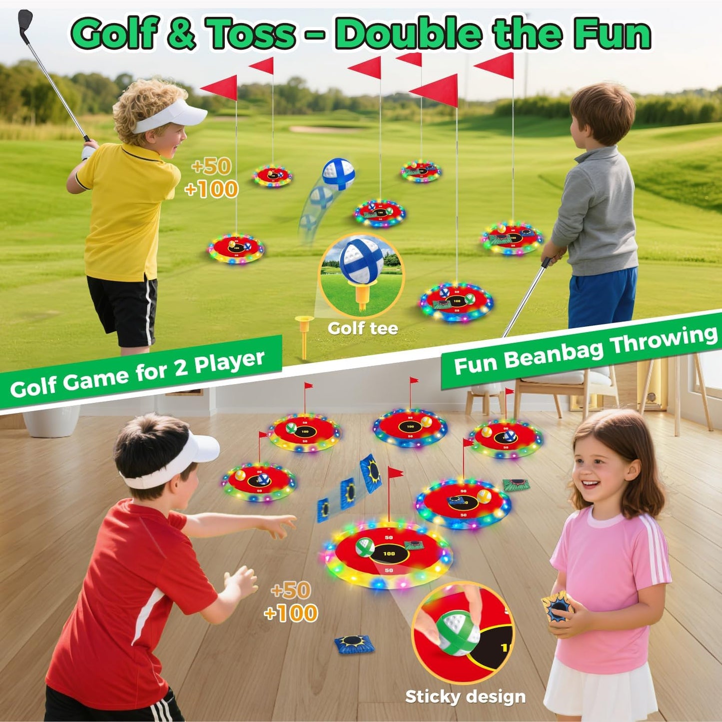 VATOS 2-in-1 Light up Golf for Kids- Golf Chipping Game & Bean Bag Toss with 6 LED Targets, 2 Clubs, 18 Balls, Night Golfs Play for Indoor Outdoor Party Yard Golfer Gifts Sports Toys for Kids 5-12
