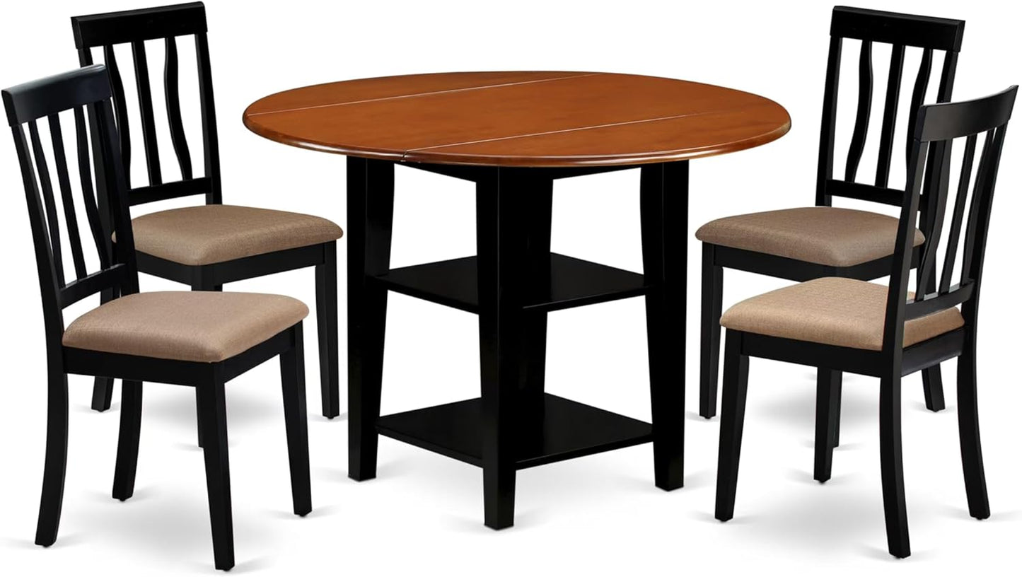 East West Furniture SUAN5-BCH-C 5 Piece Kitchen Table & Chairs Set Includes a Round Dining Table with Dropleaf & Shelves and 4 Linen Fabric Dining Room Chairs, 42x42 Inch, Black & Cherry