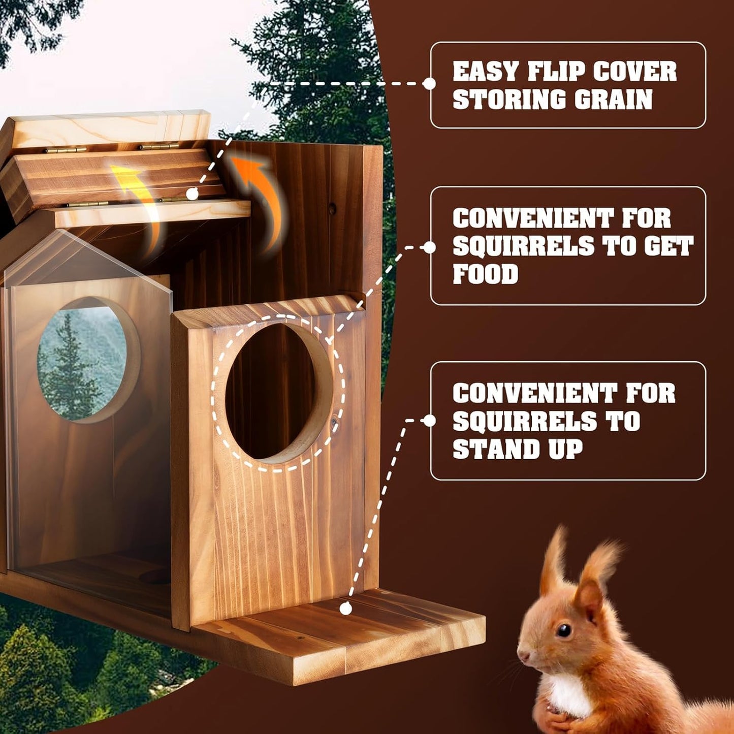 Gnodary Squirrel Feeders, Squirrel Feeders for Outside, Squirrel House for Outdoor - Chipmunk Feeder Box, Squirrel Food for Backyard Squirrels Hold Corn, Corn Cob, Peanuts (Brown)