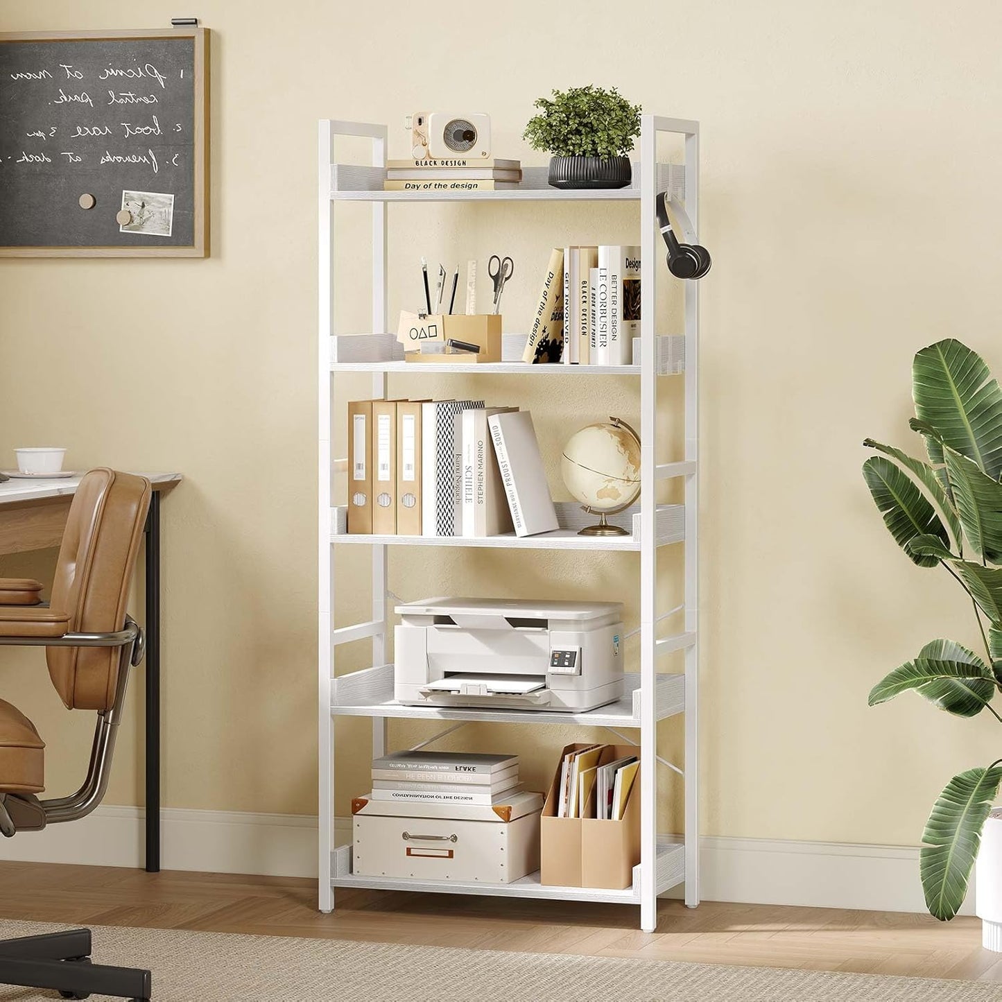 Rolanstar Bookshelf 5 Tier with 4 Hooks, Industrial Bookcase, Vintage Storage Rack with Open Shelves, Rustic Standing Bookshelves Metal Frame Display Rack for Living Room, Bedroom, White