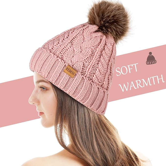 REDESS Women Winter Pompom Beanie Hat with Warm Fleece Lined, Thick Slouchy Snow Knit Skull Ski Cap
