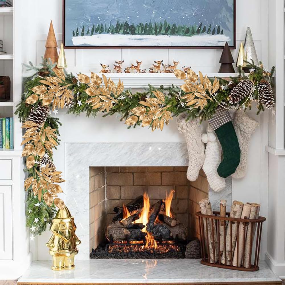 5 Pcs Fake Leaves Plants for Christmas Decor 20 Inch Metallic Gold Artificial Magnolia and Bay Leaves Faux Tropical Leaves with Stems for Holiday Party Decor Christmas Mantle Garland Wreath - Gold