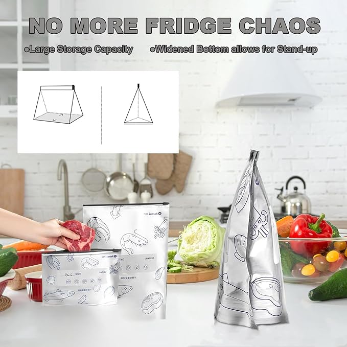 30Pcs Reusable Aluminum Foil Sealable Storage Bags, Thicken Stand Up Foil Sealable Bags with Label and Zip Lock, Aluminum Foil Bags for Food, Vegetable Fruit Meat (10*S+10*M+10*L)