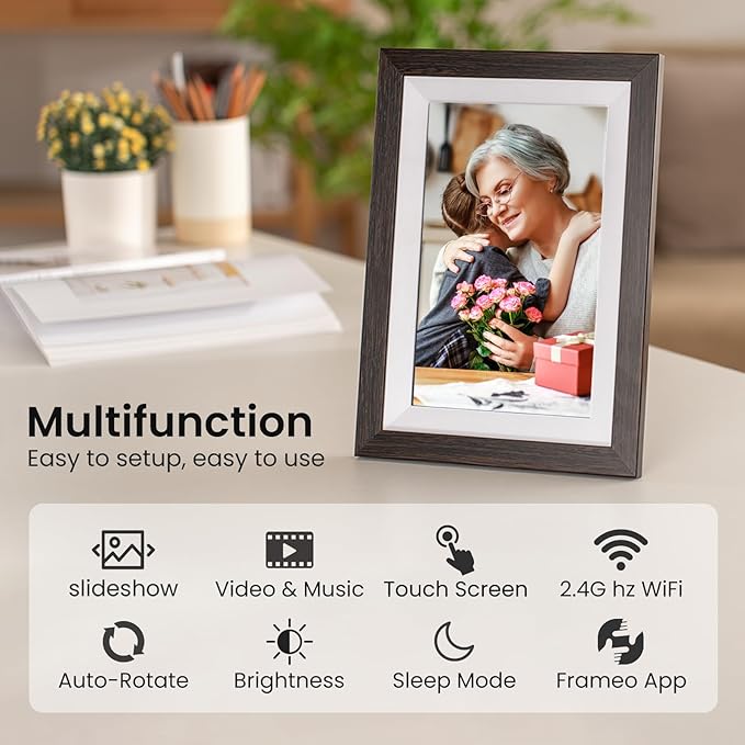 32GB Frameo Digital Picture Frame, 10.1 Inch WiFi Digital Photo Frame, 1280x800 IPS Touch Screen, Send Photos/Videos via Free App from Anywhere(Brown)