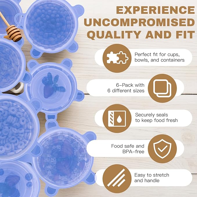 Reusable Silicone Stretch Lids – 18PCS Round & Square Stretchy Food Covers, Airtight & Leakproof, Microwave & Dishwasher Safe Blue