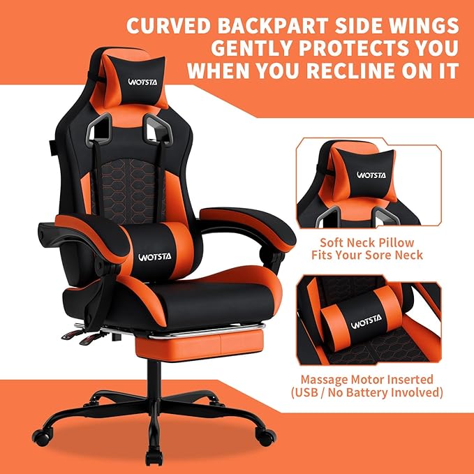 Gaming Chair with Massage,Ergonomic PC Gaming Chair with Footrest Comfortable Headrest and Lumbar Support,High Back Game Chair PVC Leather,300LBS (Black&Orange)