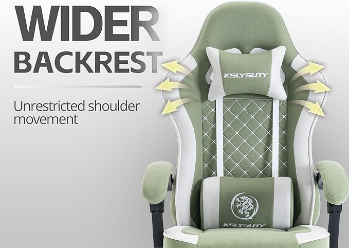 Gaming Chair for Adults with Footrest and Lumbar Support, Height Adjustable Game Chair with 360°-Swivel Seat and Headrest and for Office or Gaming (Green and White Fabric)