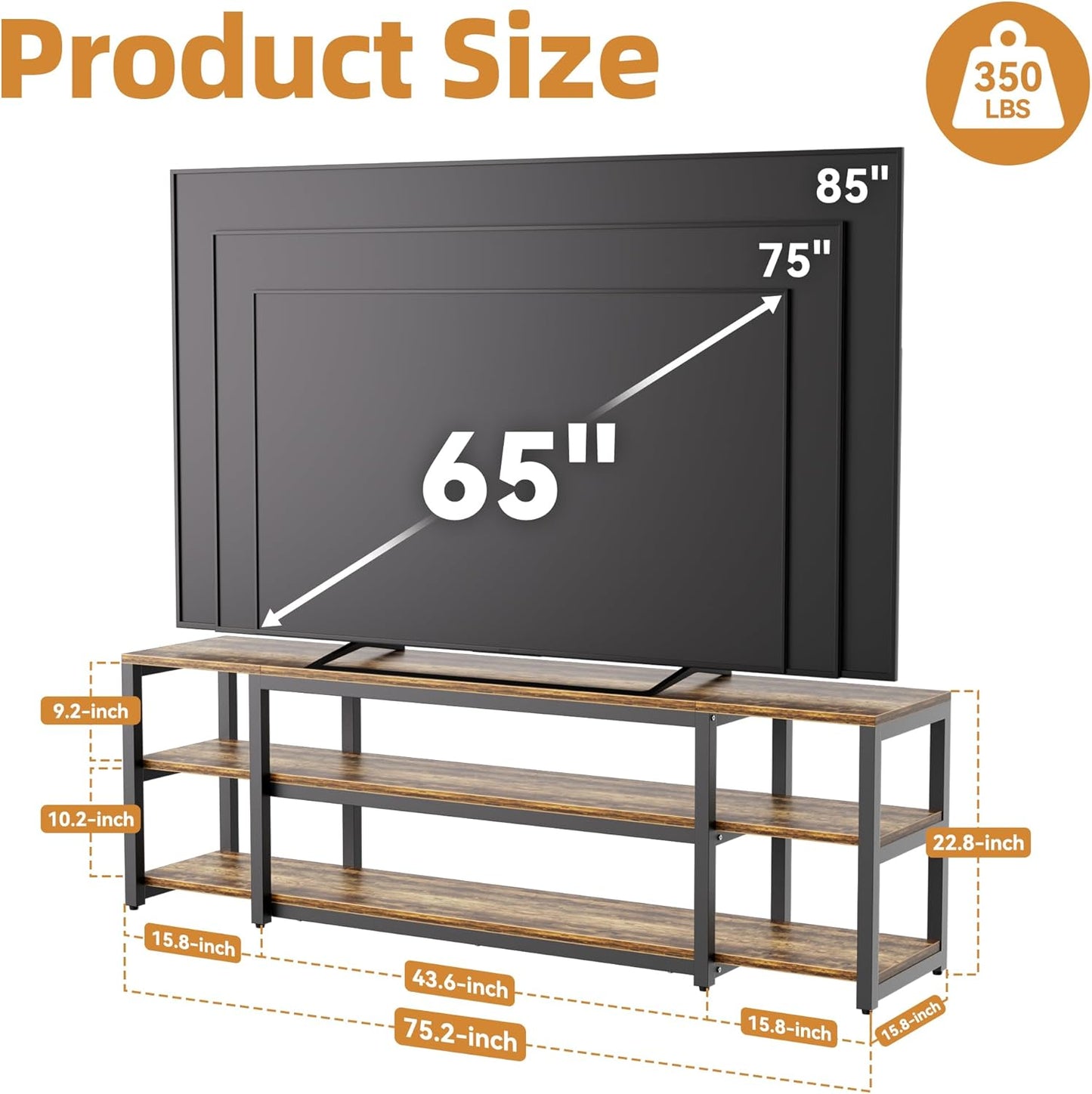 Aquzee 85 inch TV Stand, Entertainment Center for 70 75 80 85" TV, 75.2" Wide Wood Television Console Table for Living Room Bedroom Gaming Room, Rustic Brown
