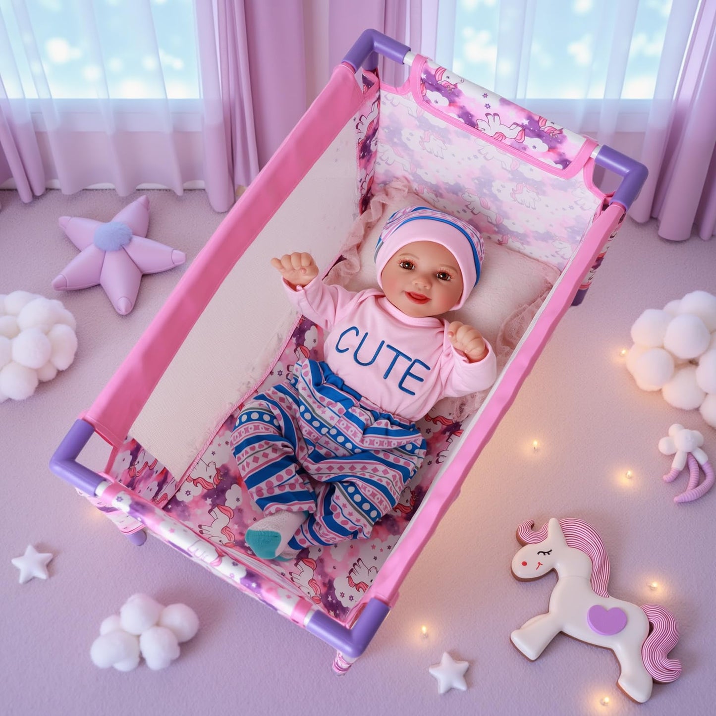 BABESIDE Baby Doll Crib Set for 18 Inch Dolls, Foldable Baby Doll Bed Playpen Toy Crib with Storage Bag for Reborn Baby Doll Accessories, Purple Babydoll Crib