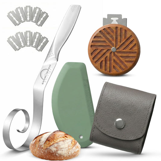 Sourdough Accessories | Seamless Danish Sourdough Bread Whisk, Silicone Dough Scraper & Sourdough Scoring Tool with 5 Blades + Storage Bag (Sourdough bread lame Kit) | Bread baking supplies
