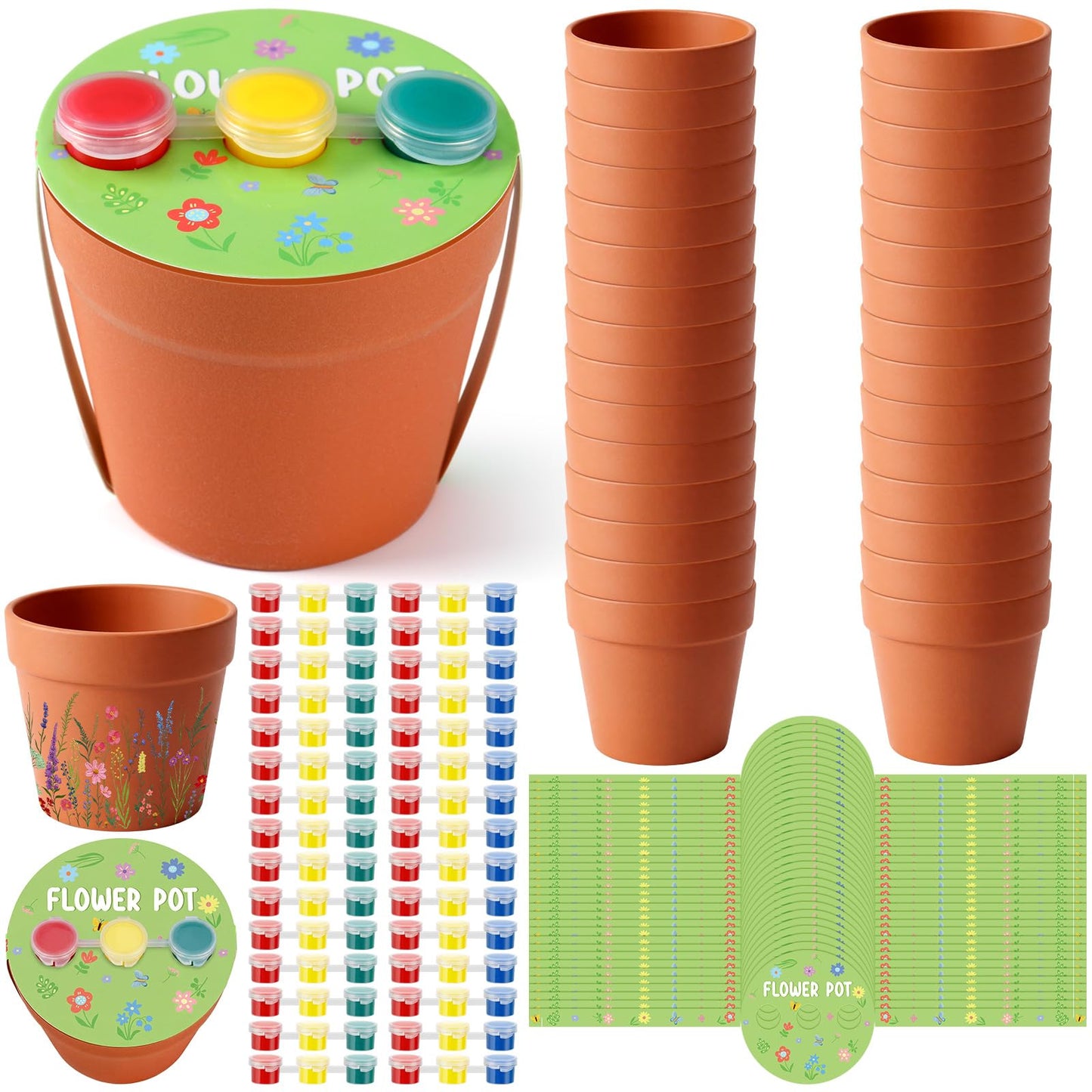 Ferrochef 30 Set Paintable Flower Pot with Drainage Craft Kit DIY Flower Plant Crafts with Paint Flowerpot Lid for Spring Summer Gardening Art Project Classroom Party Activities