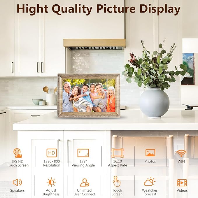 Digital Picture Frame WiFi Send Photos from anywhere16GB Storage Smooth System 10.1inch 1280x800 IPS Touch Screen Wood Light Color