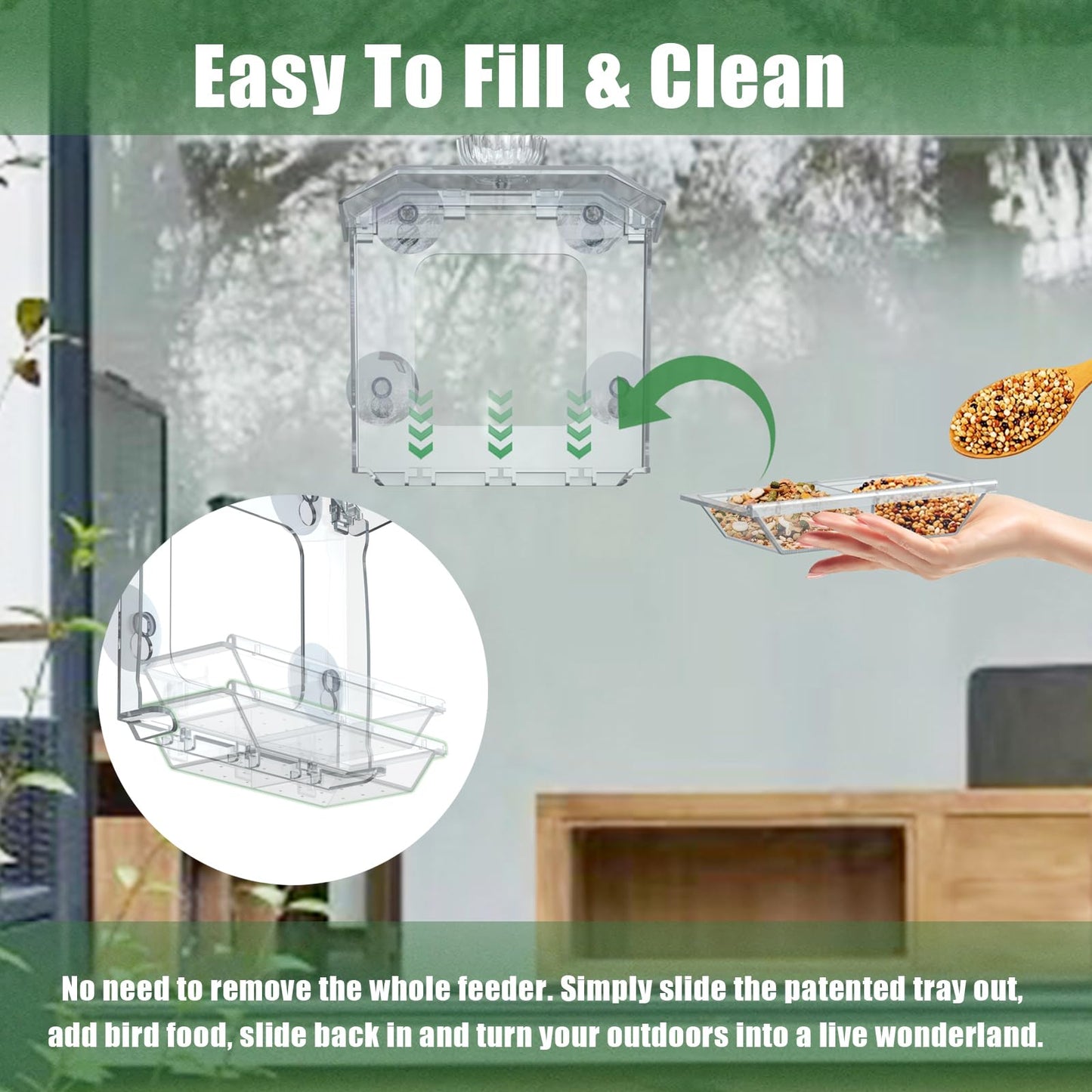 SVEDVK Clear Window Bird Feeder with Strong Suction Cups – Clear Bird Feeding Station with Dual Seed Tray & Water Bowl – Easy to Install and Clean for Outdoor Viewing