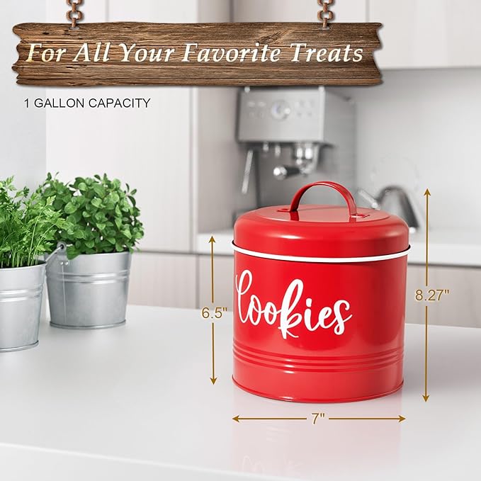 Farmhouse Cookie Jar for Kitchen Counter, 1 Gallon Vintage Cookie Jar with Airtight Lid, Large Food Storage Container for Candy, Cookies, Dessert, Red Kitchen Decor and Accessories