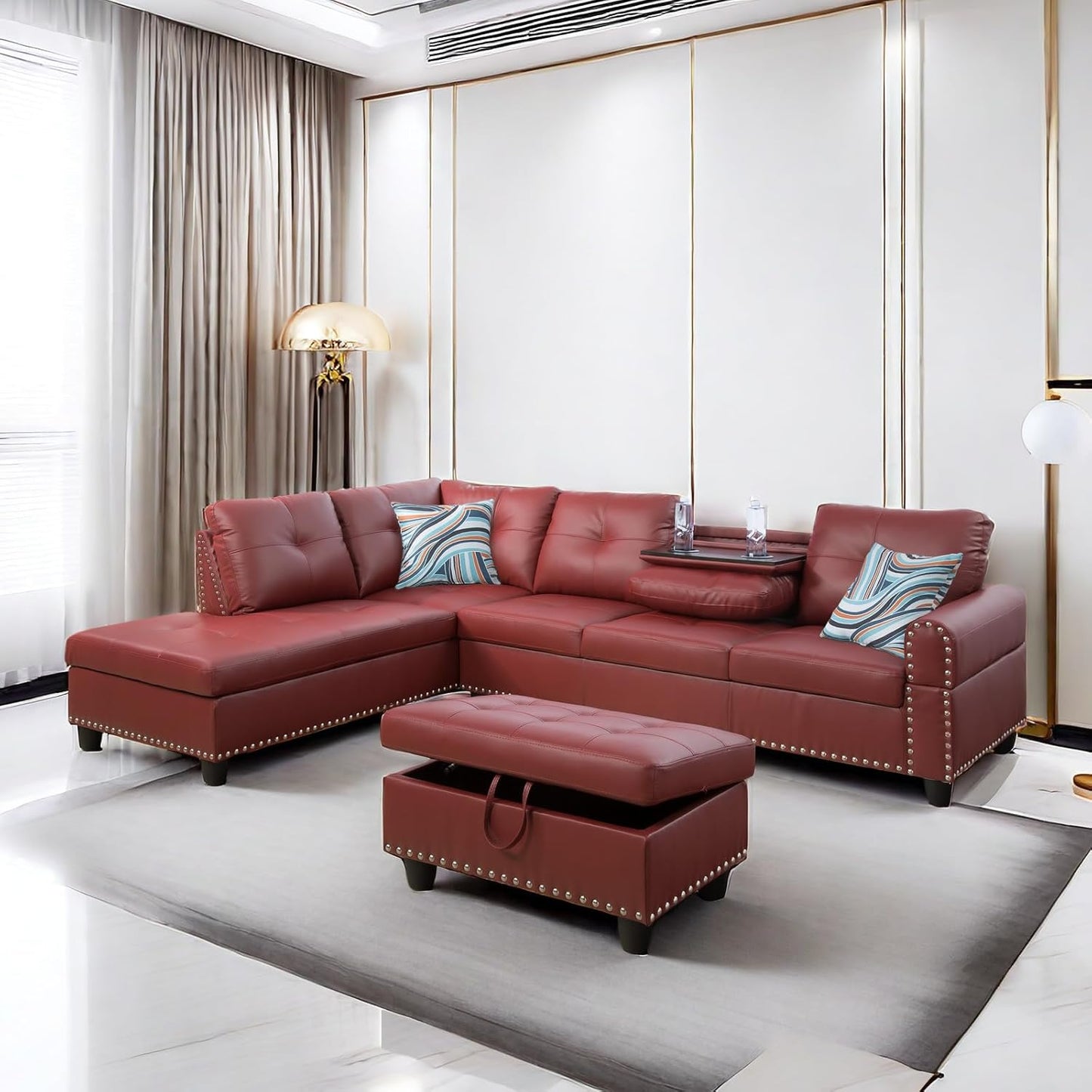 LeatherL Shaped Couch with Ottoman, Modern Nail-Head Design Comfy Sectional Sofa with Cup Holder & Chaise for Living Room, Bedroom, Office, Red