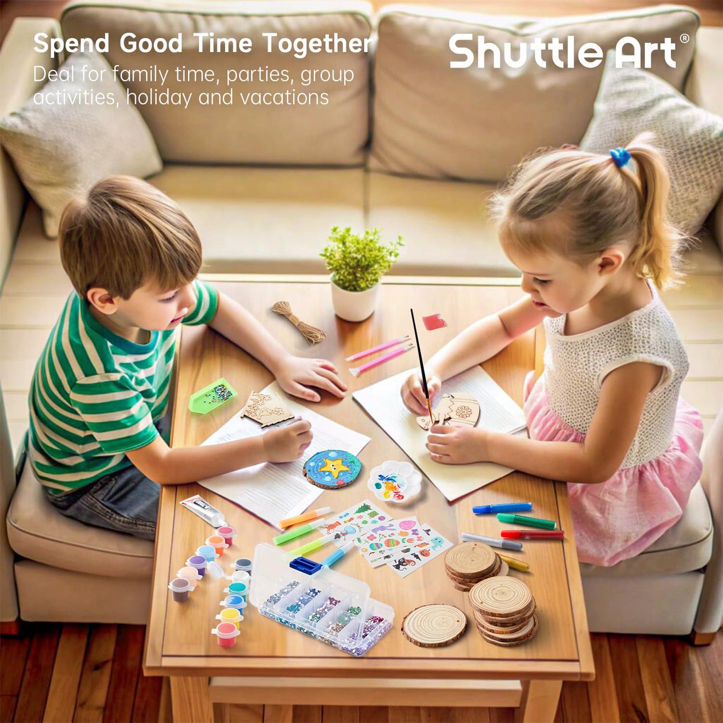 Kids Wood Painting Craft Kit, Glow-in-the-Dark Paint and Diamond Painting on Wood Slices with Stickers & Wiggle Eyes, Ideal Arts and Crafts for Kids Ages 5-12, Gifts for Halloween, Christmas, Birthday