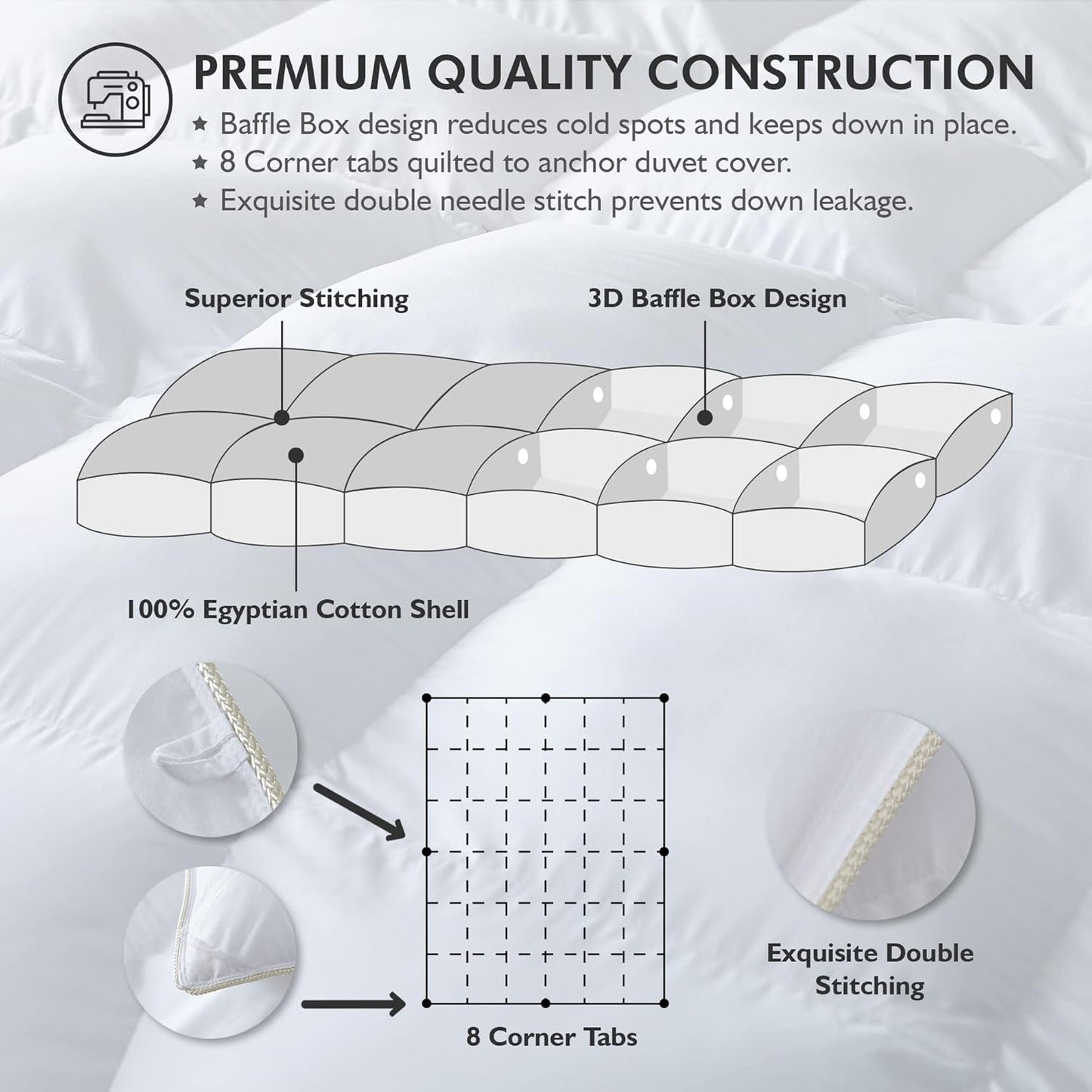 Luxurious White Solid Heavy Weight, Queen Size Goose Feathers Down Comforter for Winter Weather Duvet Insert, Premium Baffle Box, 100% Egyptian Cotton Cover, 65 oz. Fill Weight