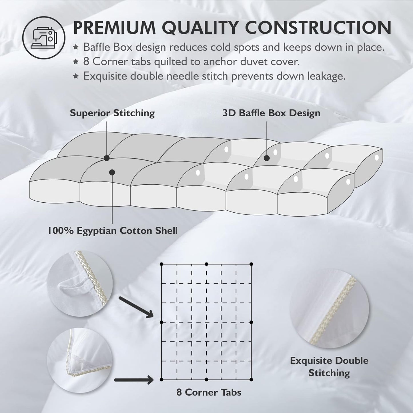 Luxurious White Solid Heavy Weight, Oversize California King Size Goose Feathers Down Comforter for Winter Weather, 108 X 98 inches, Premium Baffle Box, 100% Egyptian Cotton Cover, 90 oz. Fill Weight