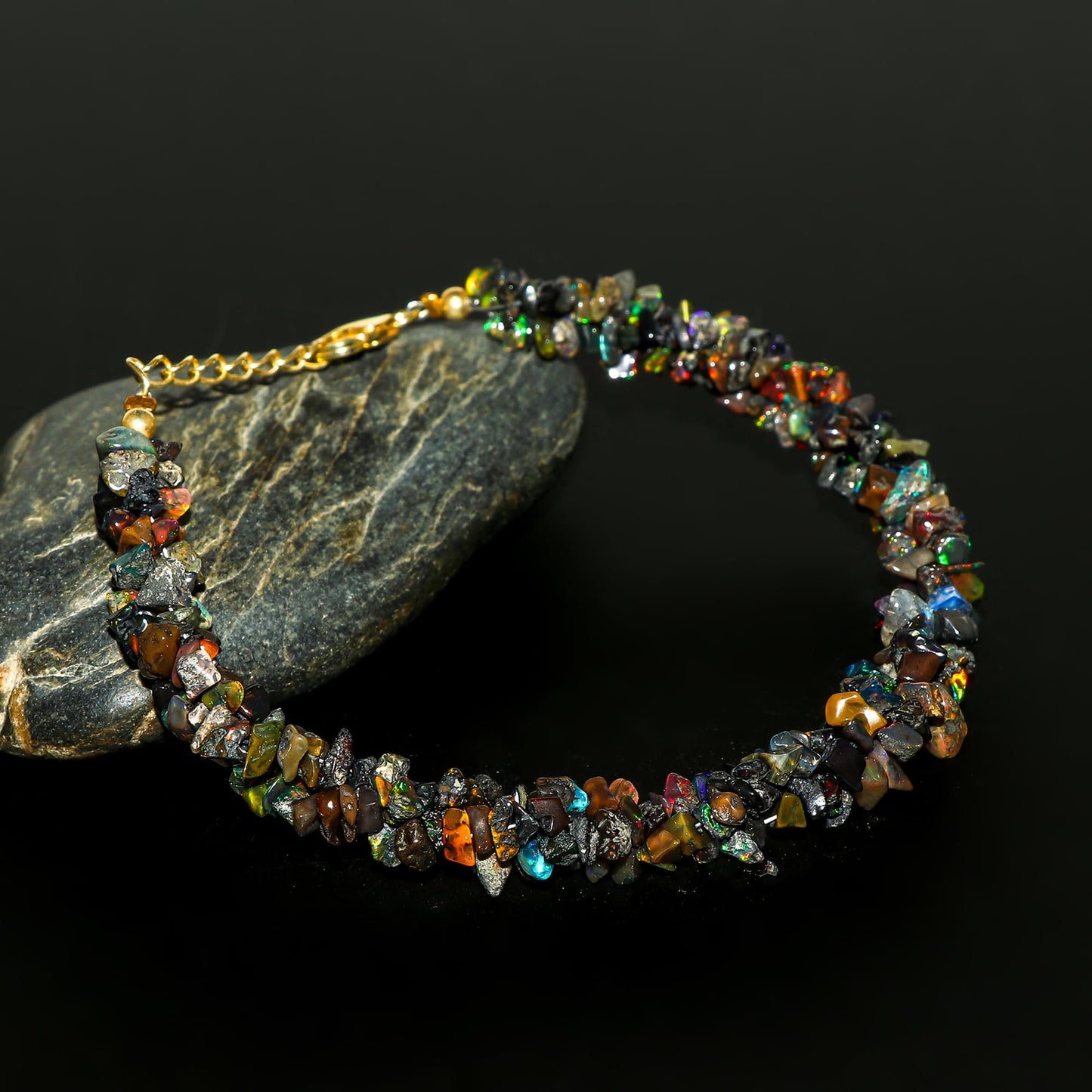 CRYSTALIS Natural Black-Opal Beads Braided Rope Bracelet, Chips Nuggets Beaded Gemstones, Chakra Healing Stones, Womens Jewelry, 14K Gold Plated 925 Sterling Silver Bracelet 8 inch