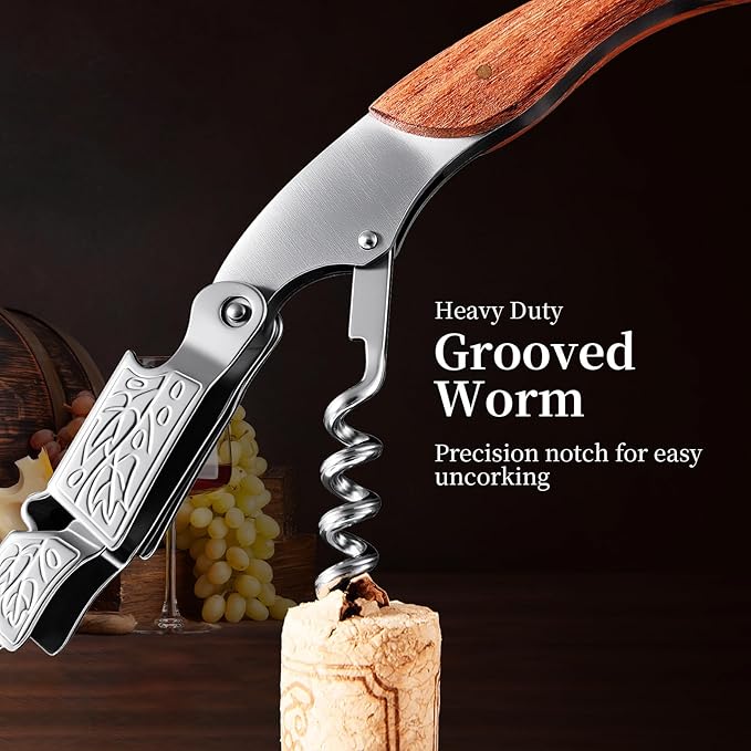 Wine Opener, Wine key, Corkscrew, Wine Bottle Opener w/Foil Cutter and Cap Remover for Servers, Bartenders, Waiters, Sommelier, Wine lover (Grape leaf patterned rosewood, Standard)