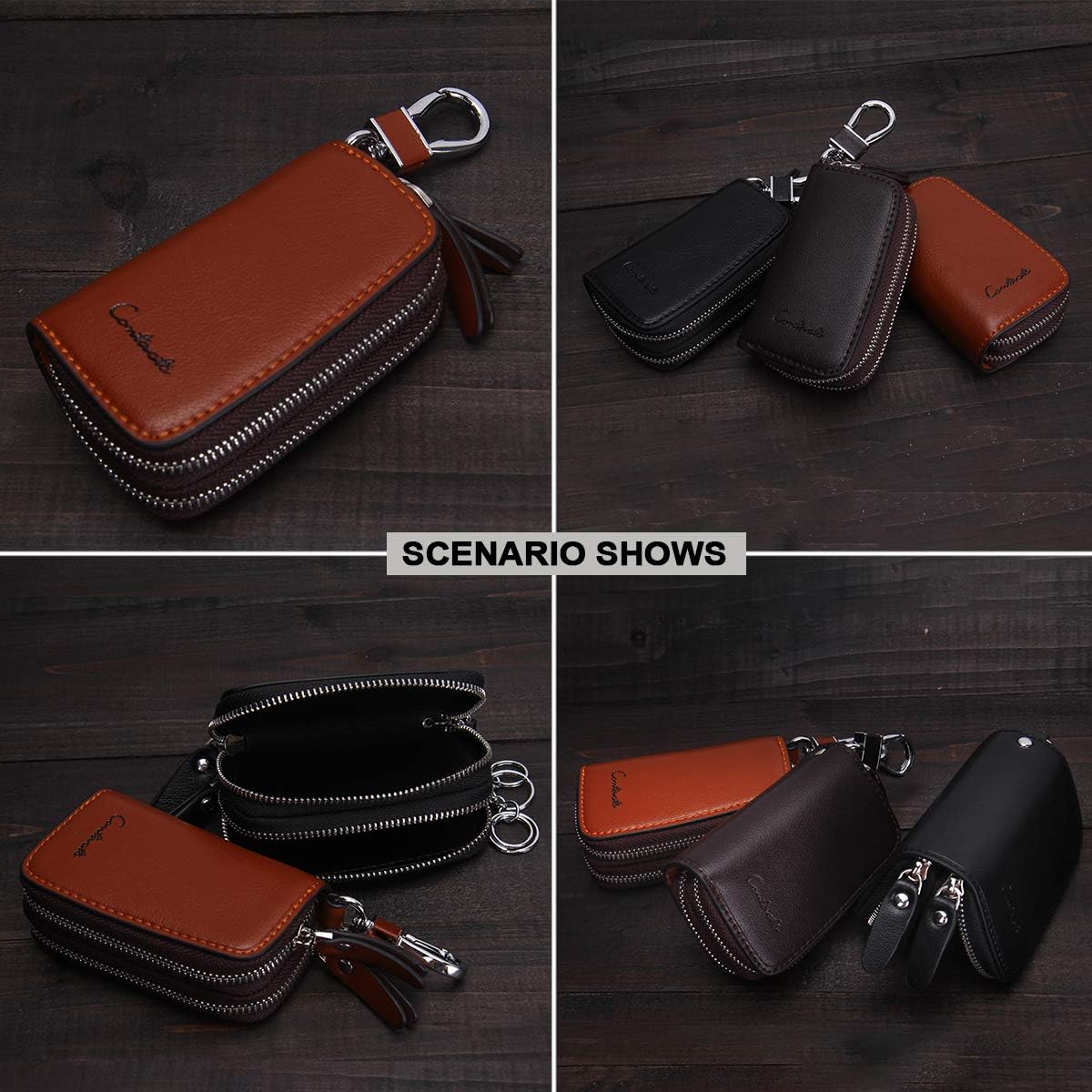 CONTACTS Car Key Case Small Leather Double Zipper Key Holder with 4 Keyrings Keys Organizer for Men Women