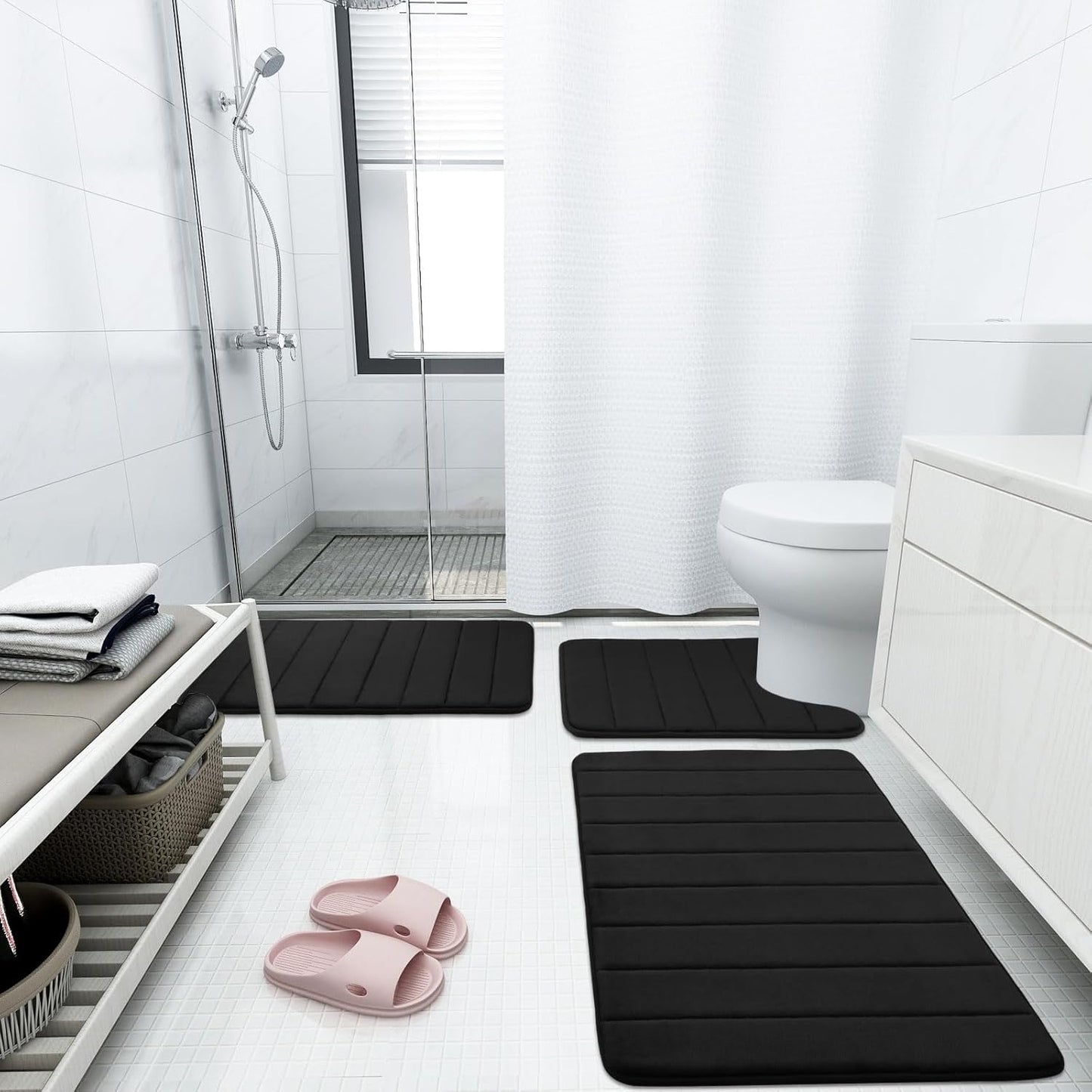 Buganda Memory Foam Bath Mat, 47" x 24", Ultra Soft and Non-Slip Bathroom Rugs, Water Absorbent and Machine Washable Bath Rug Runner for Bathroom, Shower, and Tub, Black